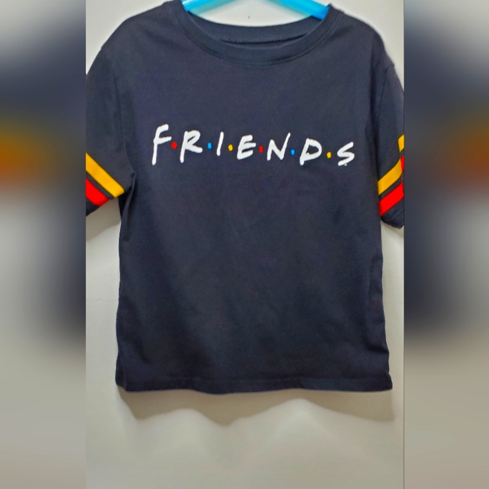 Friends TV Show Women’s Cropped T-shirt Size XS Black Striped Sleeves Logo